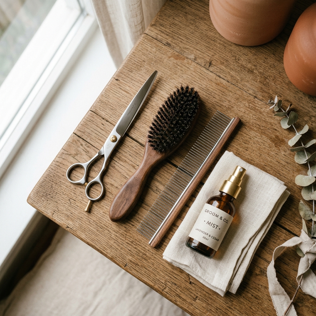 Grooming tools laid out neatly